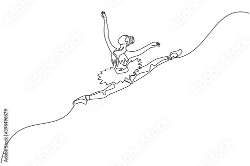 One continuous line drawing of young graceful woman ballet dancer perform beauty classic dance at stage of opera house. Ballet performance concept. Dynamic single line draw design vector illustration