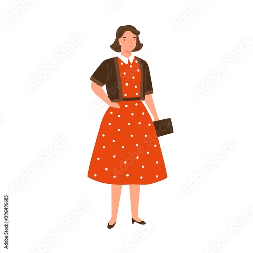 Stylish young woman wearing red dotted dress in 50s style. Beautiful female character in retro fashionable garment. Flat vector cartoon illustration isolated on white
