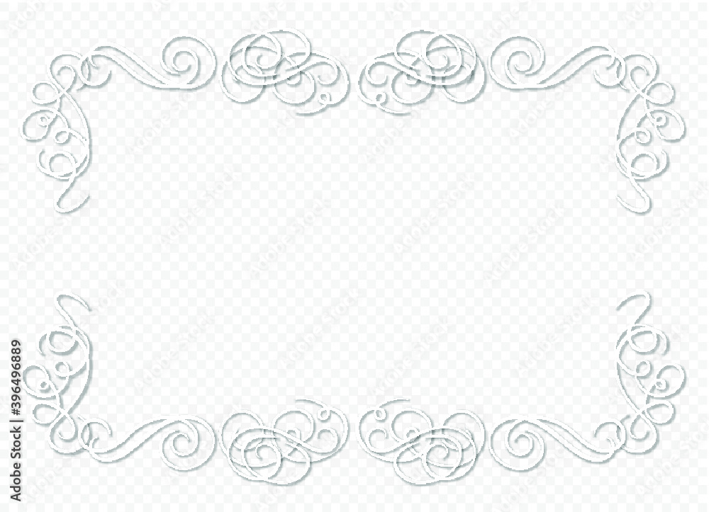 Vector White Filigree Frame Isolated on Light Transparent Background, Realistic Shadows, Engraving Style, Vintage Border, Blank Frame Template.