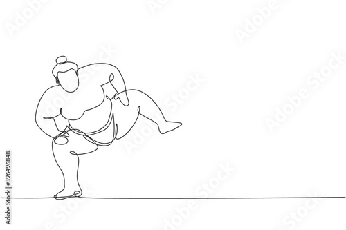 One continuous line drawing of young big Japanese rikishi man prepare to fight at festival tournament. Traditional sumo sport concept. Dynamic single line draw design graphic vector illustration