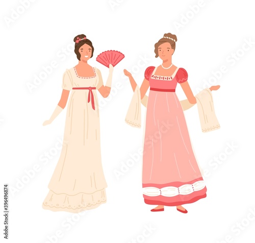 Young women wearing retro dresses in 19th century style. Beautiful female characters in elegant clothes at the ball. Flat vector cartoon illustration isolated on white