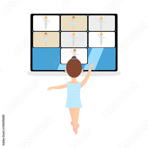 Ballet lesson, distant education online. Kids ballerinas at distant dance course via internet connection. work shop, master class during pandemic corona virus, covid-19, Stay home