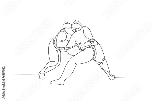 One single line drawing of two young overweight Japanese sumo men fighting at arena competition vector illustration. Traditional rikishi combative sport concept. Modern continuous line draw design