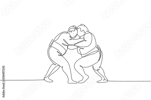 One single line drawing of two young overweight Japanese sumo men fighting at arena competition vector illustration. Traditional rikishi combative sport concept. Modern continuous line draw design