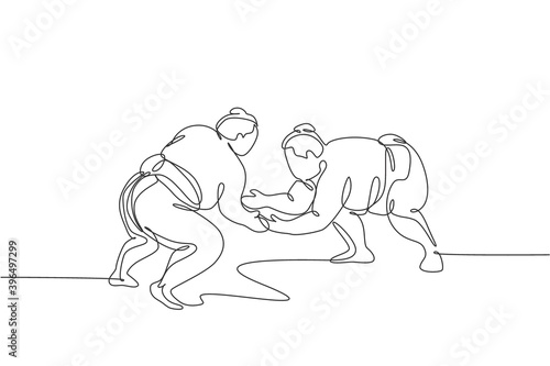 Single continuous line drawing two young big fat Japanese sumo men training fight at arena gym center. Traditional festival martial art concept. Trendy one line draw graphic design vector illustration