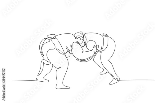 One continuous line drawing of two young big Japanese rikishi men prepare to fight at festival tournament. Traditional sumo sport concept. Dynamic single line draw design vector graphic illustration