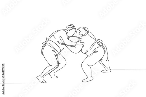 One single line drawing of two young overweight Japanese sumo man fighting at arena competition vector illustration. Traditional rikishi combative sport concept. Modern continuous line draw design