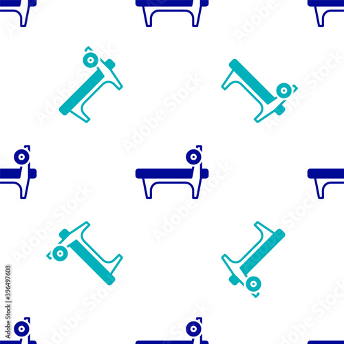 Blue Bench with barbel icon isolated seamless pattern on white background. Gym equipment. Bodybuilding, powerlifting, fitness concept. Vector.