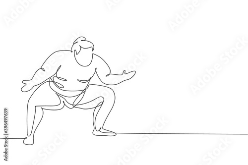 One continuous line drawing of young big Japanese rikishi man prepare to fight at festival tournament. Traditional sumo sport concept. Dynamic single line draw graphic design vector illustration