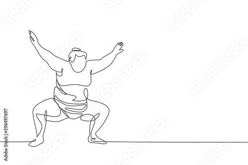 One single line drawing of young overweight Japanese sumo man ready to fight at arena competition vector illustration. Traditional rikishi combative sport concept. Modern continuous line draw design