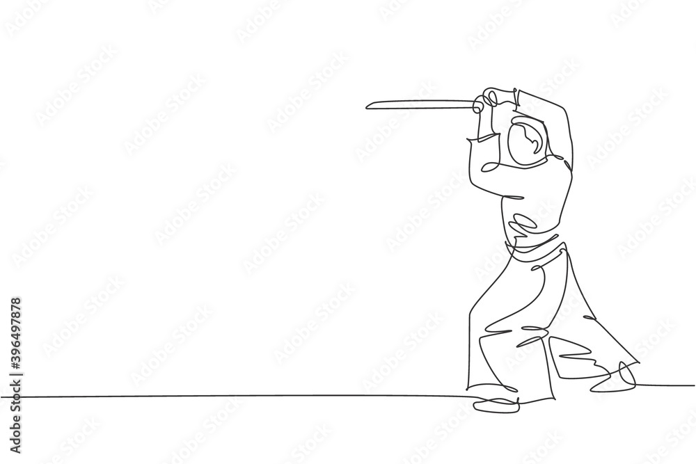 Obraz premium One single line drawing of young energetic man wearing kimono exercise aikido technique with wood sword in sport hall vector illustration. Healthy lifestyle sport concept. Continuous line draw design
