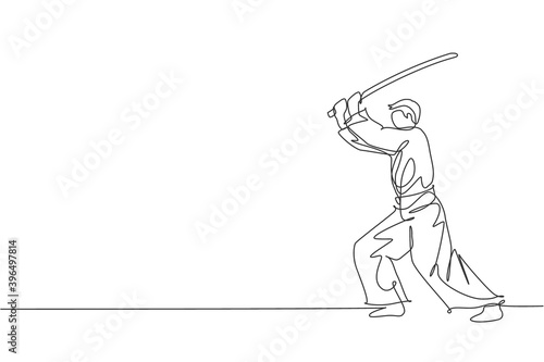 One continuous line drawing of young man aikido fighter practice fighting with wooden sword at dojo training center. Martial art combative sport concept. Single line draw design vector illustration