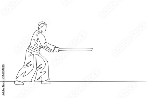 One continuous line drawing man aikido fighter practice fighting pose using wooden sword at dojo training center. Martial art sport concept. Dynamic single line draw graphic design vector illustration