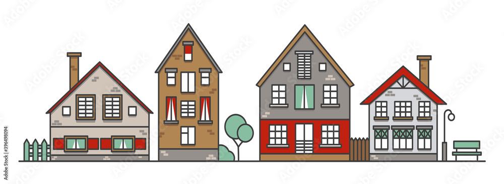 Traditional european style houses in old town. Neighborhood suburban. Colourful traditional street. Vector illustration