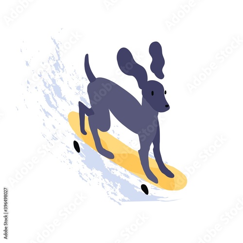 Cute dog riding skateboard. Funny puppy skater on skate board isolated on white background. Animal character for printing on childish t-shirt. Flat textured vector graphic illustration