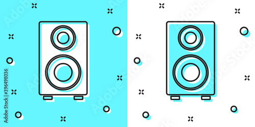 Black line Stereo speaker icon isolated on green and white background. Sound system speakers. Music icon. Musical column speaker bass equipment. Random dynamic shapes. Vector.
