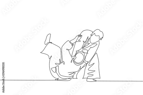 One single line drawing of two young energetic men wearing kimono exercise aikido throw technique in sport hall vector illustration. Healthy lifestyle sport concept. Modern continuous line draw design