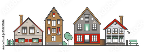Traditional european style houses in old town. Neighborhood suburban. Colourful traditional street. Vector illustration
