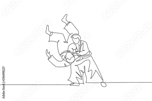 One continuous line drawing of two young men aikido fighter practice fighting train slamming technique at dojo center. Martial art sport concept. Dynamic single line draw design vector illustration