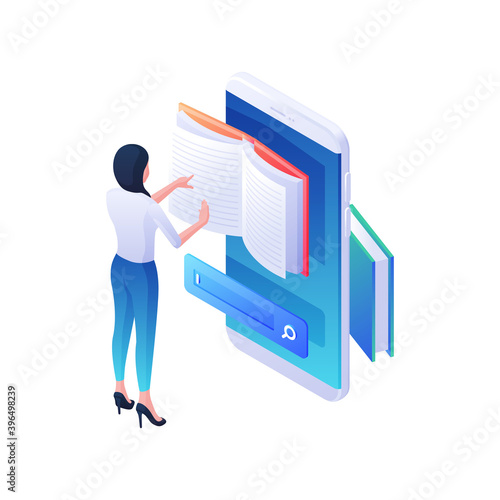 Finding desired web book in mobile application isometric illustration. Female character is leafing through online magazine in smartphone.