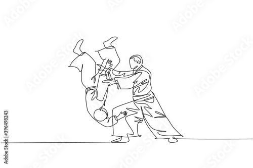 One single line drawing of young energetic man wearing kimono exercise aikido throw technique in sport hall vector illustration. Healthy lifestyle sport concept. Modern continuous line draw design
