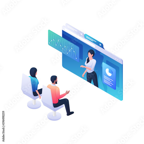 People listening to informative statistics webinar isometric illustration. Male and female characters discussing at online conference.