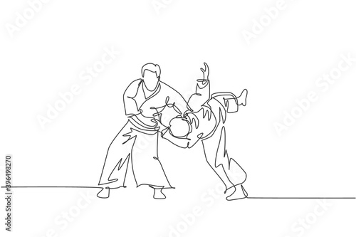 One continuous line drawing young man aikido fighter practice fighting trick at dojo training center. Martial art combative sport concept. Dynamic single line draw graphic design vector illustration
