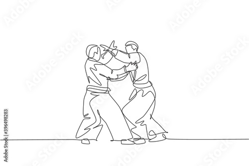 One single line drawing of two young energetic men wearing kimono exercise aikido fight technique in sport hall vector illustration. Healthy lifestyle sport concept. Modern continuous line draw design