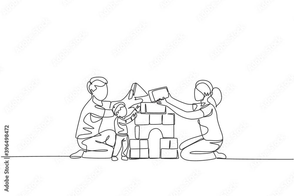One continuous line drawing of young happy mother and father playing with son building house from foam puzzle blocks toy at home. Family parenting concept. Single line draw design vector illustration