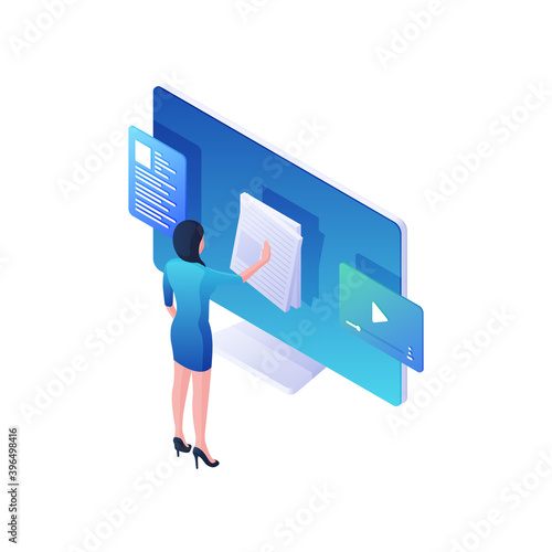 Woman reading online news and watching video isometric illustration. Female character flips through white event bulletins.