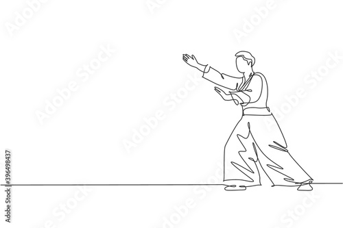 One single line drawing of young energetic man wearing kimono exercise aikido technique in sports hall vector graphic illustration. Healthy lifestyle sport concept. Modern continuous line draw design