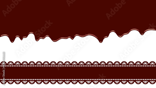 溶けて垂れる茶色のチョコレート背景とレースのリボンのセット