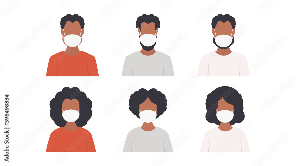 African American people in masks. Set of dark-skinned people in protective medical face masks. Vector. African American people in masks. Set of dark-skinned people in protective medical face masks. Vector.
