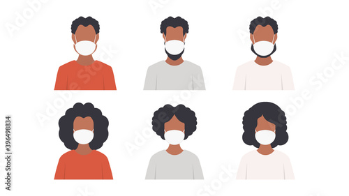 African American people in masks. Set of dark-skinned people in protective medical face masks. Vector.
