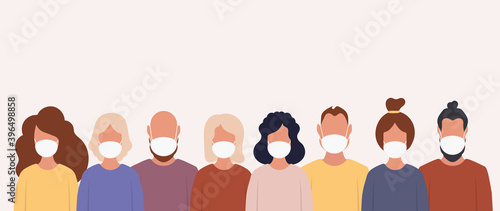 People in protective medical masks. Wearing a face mask. Protection against viruses, bacteria, smog, gas emissions and urban air pollution. Vector.