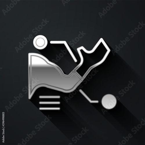 Silver Prosthesis hand icon isolated on black background. Futuristic concept of bionic arm, robotic mechanical hand. Long shadow style. Vector.