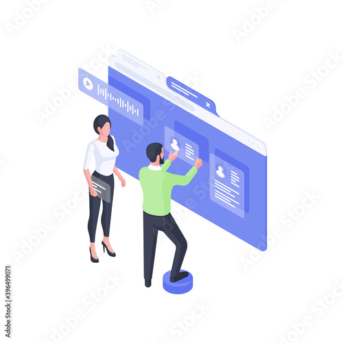 Developers creating online user account isometric illustration. Male and female character makes web assembly attaching customers resume.
