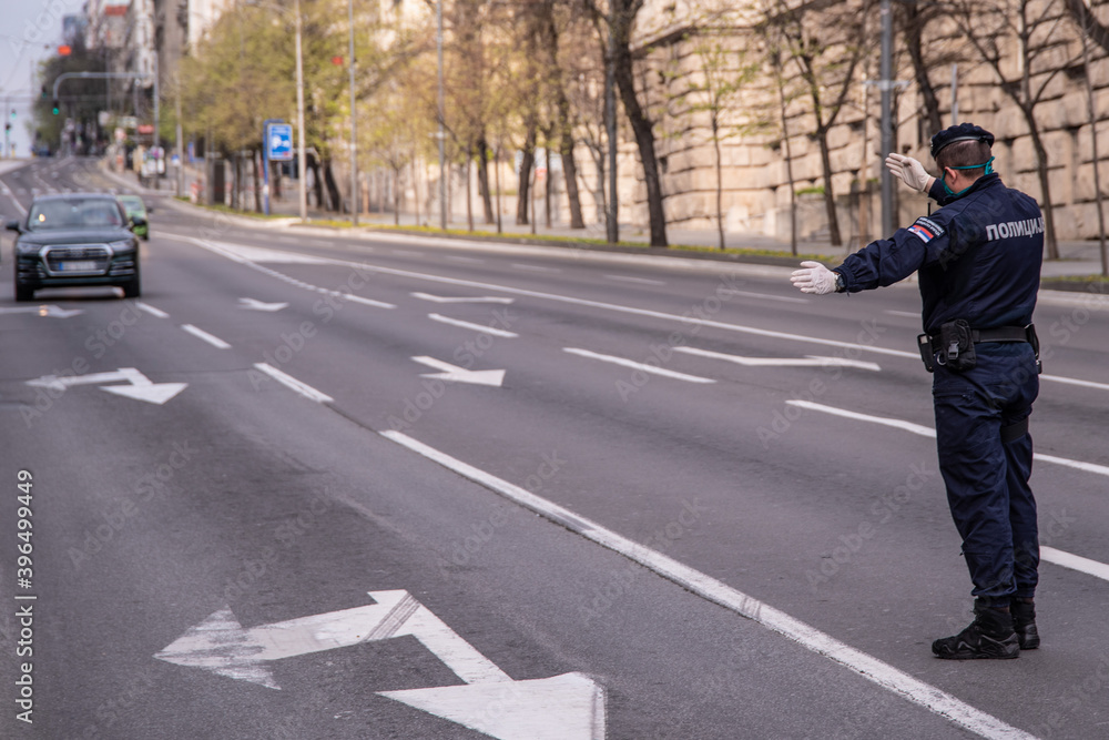Police blocked empty streets of belgrade during city lockdown caused by corona virus covid-19 pandemic. Belgrade, Serbia 05.04.2020 Police blocked empty streets of belgrade during city lockdown caused by corona virus covid-19 pandemic. Belgrade, Serbia 05.04.2020