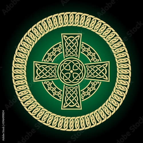 Celtic Black Cross on dark green background. Religion symbol. Irish traditional knots