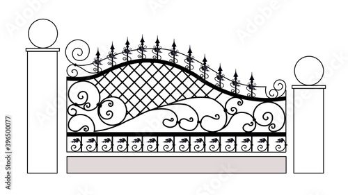 Modern abstract collection with green fence forged sketch on white background. Hand drawn green elements