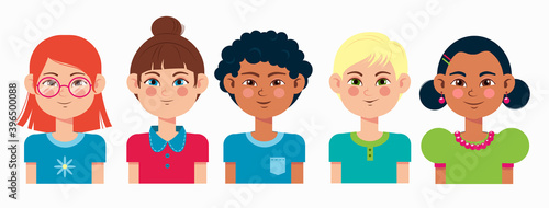 Kids portraits set. Cartoon children cute faces avatar. Different boys and girls