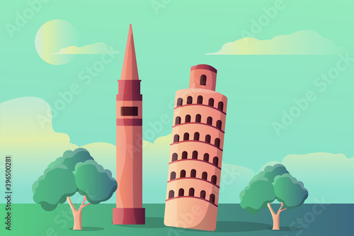 Pisa tower and markus tower illustration landscape for tourist attractions