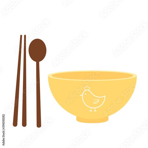 Ceramic bowl with chopsticks and spoon icon sign isolated on white background vector illustration. Cute kitchen tools cartoon.