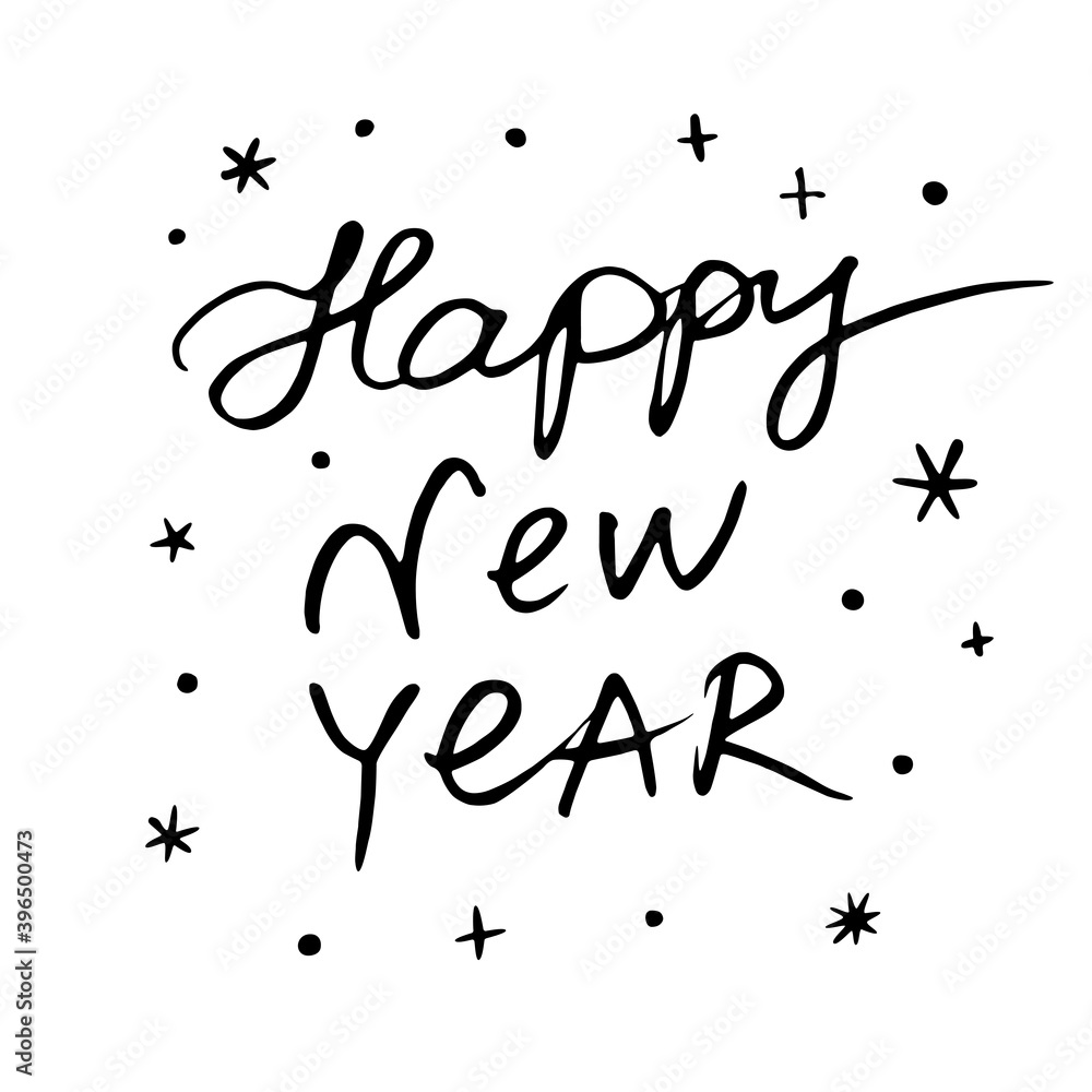 Hand written black calligraphic inscription Happy New Year with snowflakes on white background. Lettering, title, design element for banner, greeting card, invitation, postcard. Vector illustration Hand written black calligraphic inscription Happy New Year with snowflakes on white background. Lettering, title, design element for banner, greeting card, invitation, postcard. Vector illustration