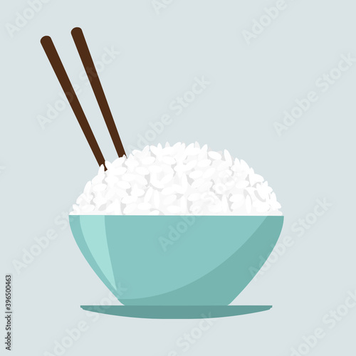 
Rice bowl and chopsticks icon isolated on pastel background vector illustration. Cute cartoon food for restaurant.