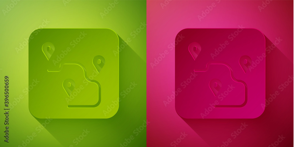 Paper cut Route location icon isolated on green and pink background. Map pointer sign. Concept of path or road. GPS navigator. Paper art style. Vector. Paper cut Route location icon isolated on green and pink background. Map pointer sign. Concept of path or road. GPS navigator. Paper art style. Vector.