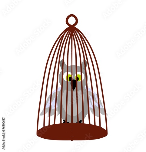 Vintage cartoon icon with potter owl cage on white background for banner design. Imagination concept. Isolated object. Vector design banner