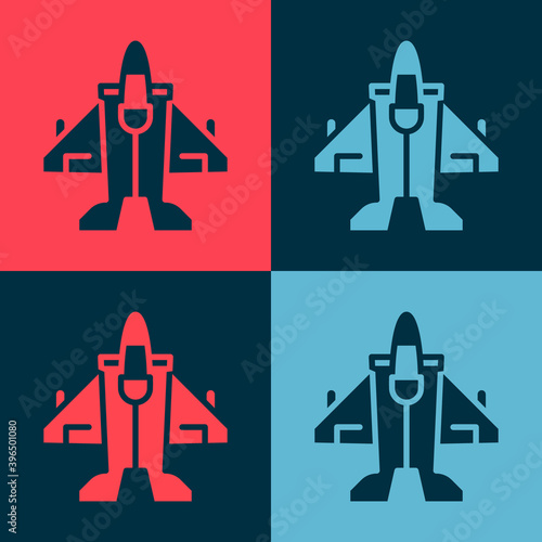 Pop art Jet fighter icon isolated on color background. Military aircraft. Vector.