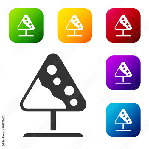Black Road sign avalanches icon isolated on white background. Snowslide or snowslip rapid flow of snow down a sloping surface. Set icons in color square buttons. Vector.