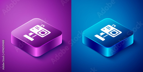 Isometric Action extreme camera icon isolated on blue and purple background. Video camera equipment for filming extreme sports. Square button. Vector.
